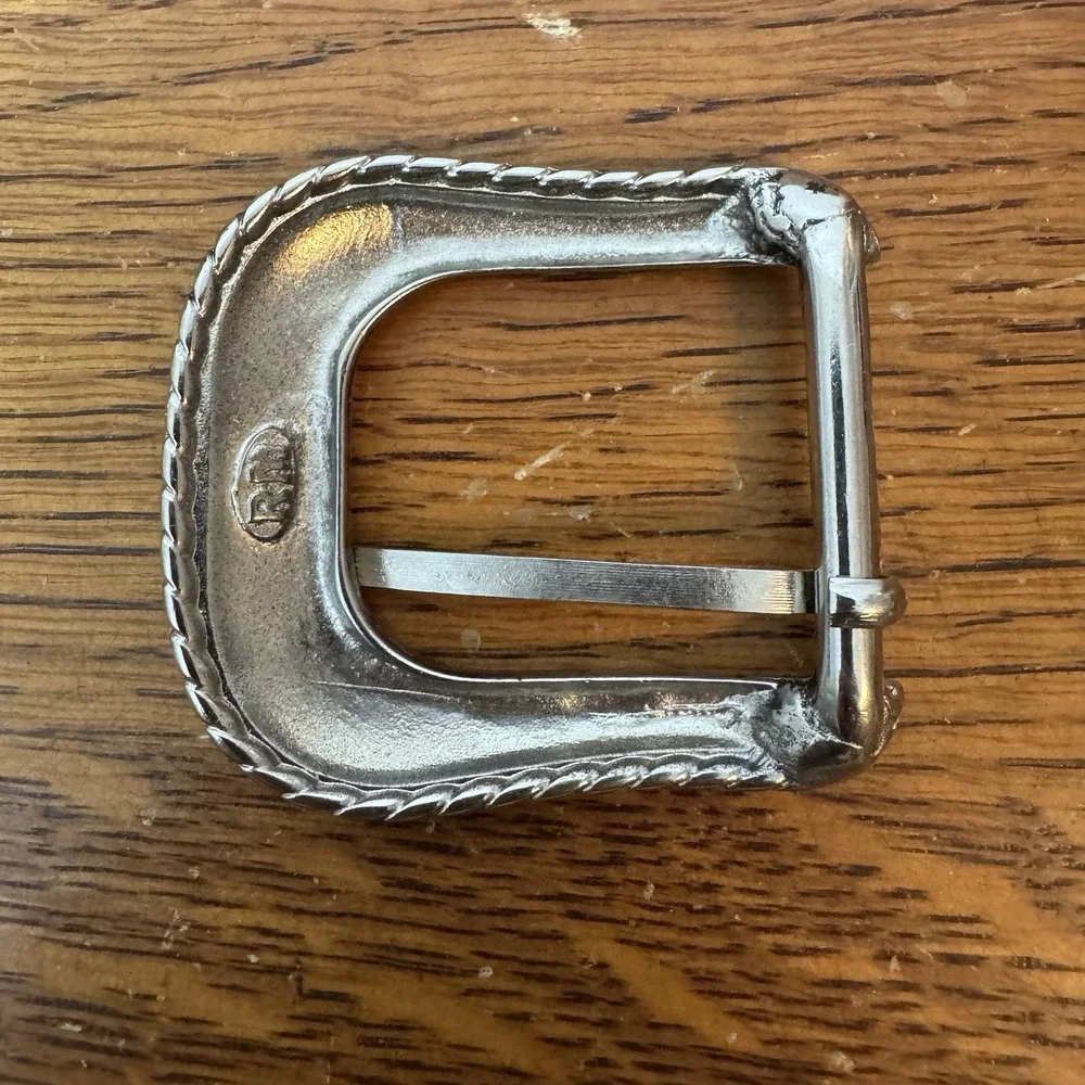 Western Silver Tone Belt Buckle Engraved Scroll RM Marked Cowboy